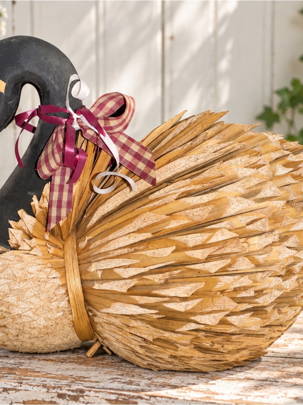 Handcrafted Natural Straw Swan Décor with Burgundy Ribbon